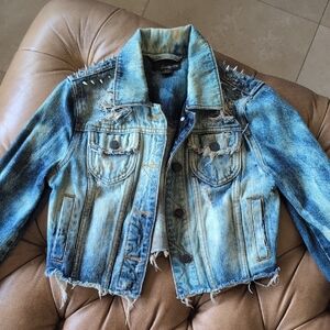 Forever 21 Distressed Blue Jean Jacket with Studded Shoulders